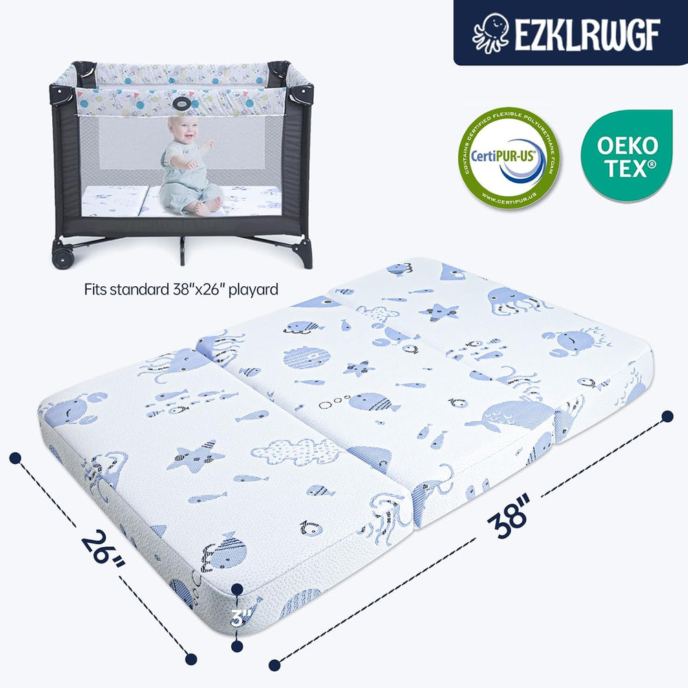 Trifold Pack and Play Mattress,Dual Sided Soft&Firm Memory Foam