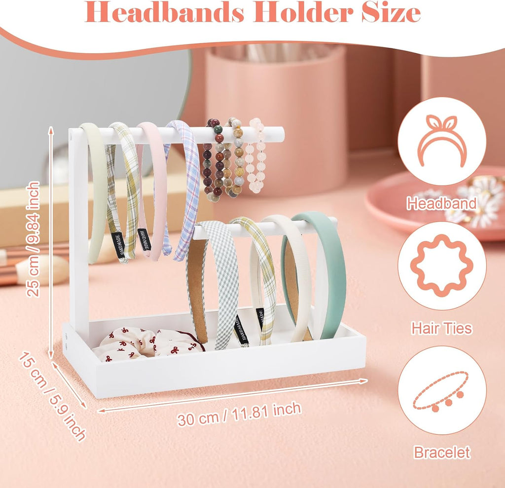 Headband Organizer Headband Holder for Girls Hair Tie Holder Stylish Vanity Organizer with Rustic Natural Wood Design for Bathroom & Dressing Tablespace-Saving Hair Accessory Storage