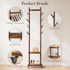 Yoobure Solid Wood Coat Rack Freestanding - Rolling Clothes Rack with 8 Hooks & Shelves, Small Clothing Rack with Wheels, Heavy Duty Clothing Racks for Hanging Clothes, Portable Hall Tree for Entryway