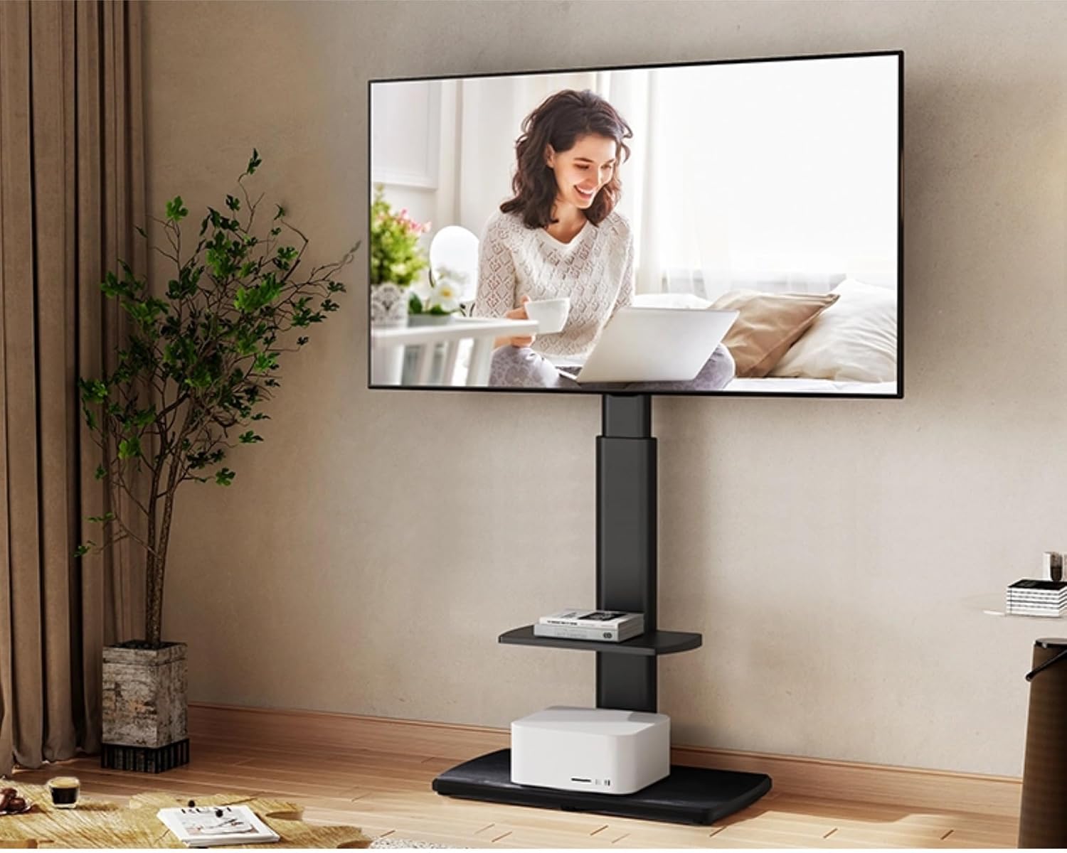FITUEYES Floor TV Stand for Bedroom, Living Room, Tall Corner TV Stands for TVs 32 37 43 50 55 60 65 75 Inch Swivel TV Mount Stand with Height Adjustable Shelf Upgrade Sturdy Wood Base, Black