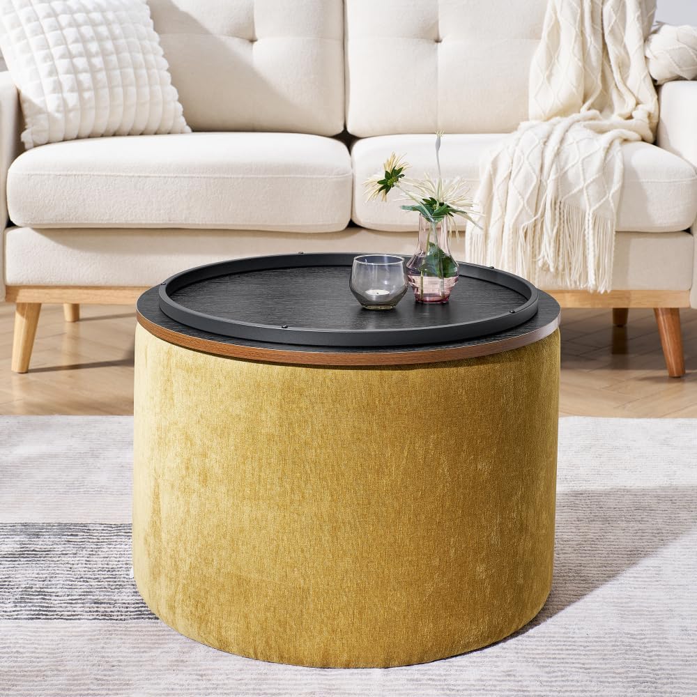 2-Piece Set Round Chenille Storage Ottoman, Equipped with a Drum Shaped Small...