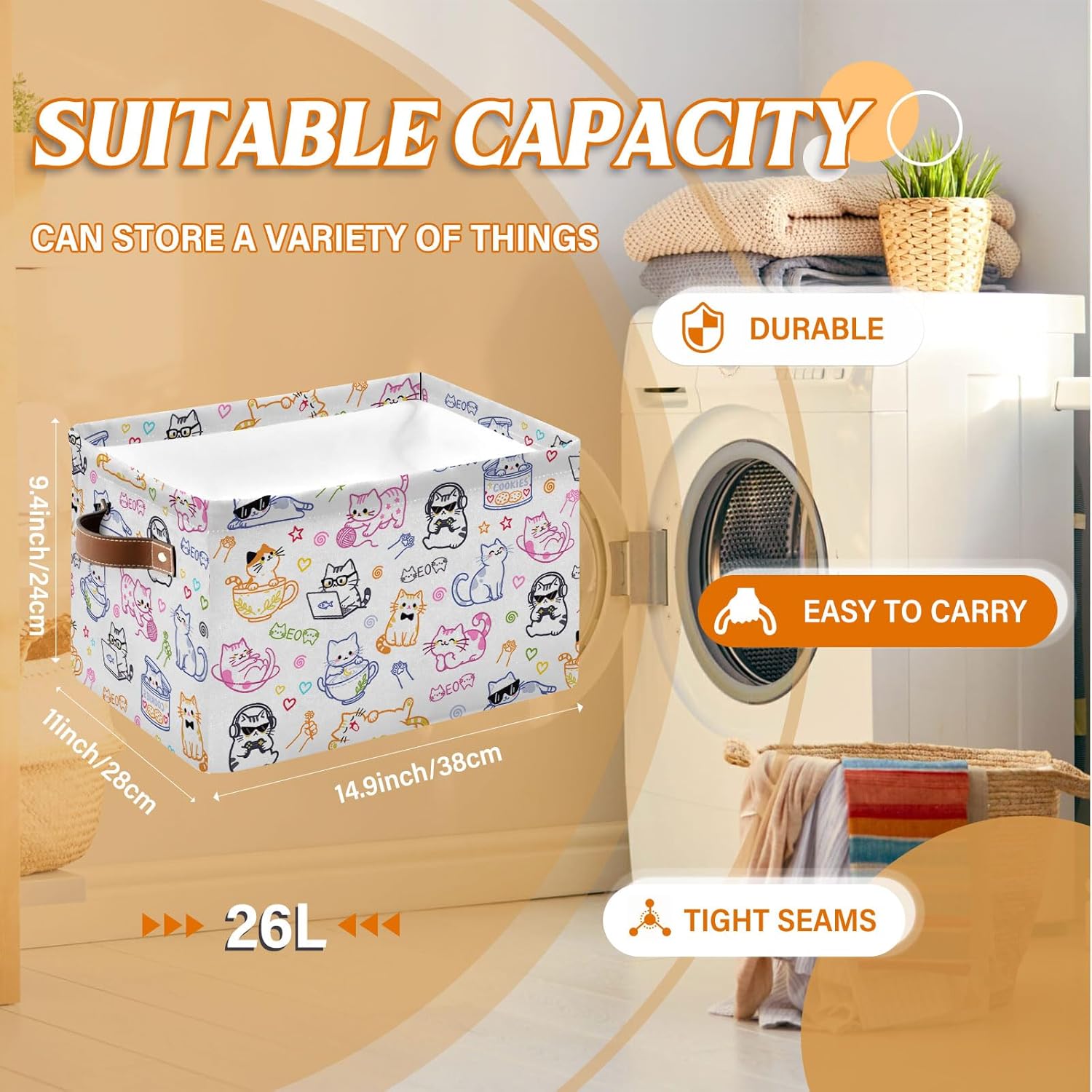 Rectangle Cat Storage Basket, Collapsible Storage Box Bin with Handles for Toy, Cat Laundry Hamper for Friend, Laundry Organizer for Room Nursery, Gifts for Chritsmas Thanksgiving 14.9x11x9.4in