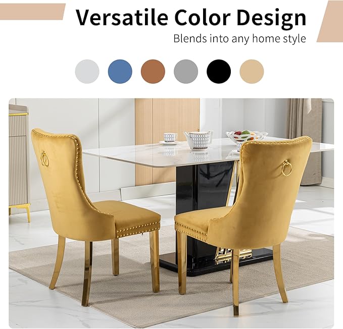 Luxury Upholstered Dining Chairs Set of 6, Yellow Kitchen Chair with Golden Metal Legs, Velvet Tufted Back Dining Chair, Sillas de Comedor, Modern Kitchen & Dining Room Chairs (Gold, 6 Pcs)