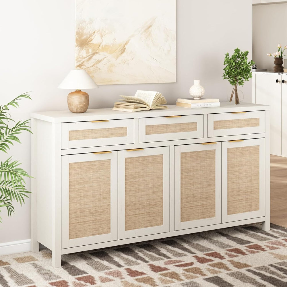 HOKYHOKY Rattan Sideboard Buffet Cabinet, Boho Storage Cabinet with Adjustabl...