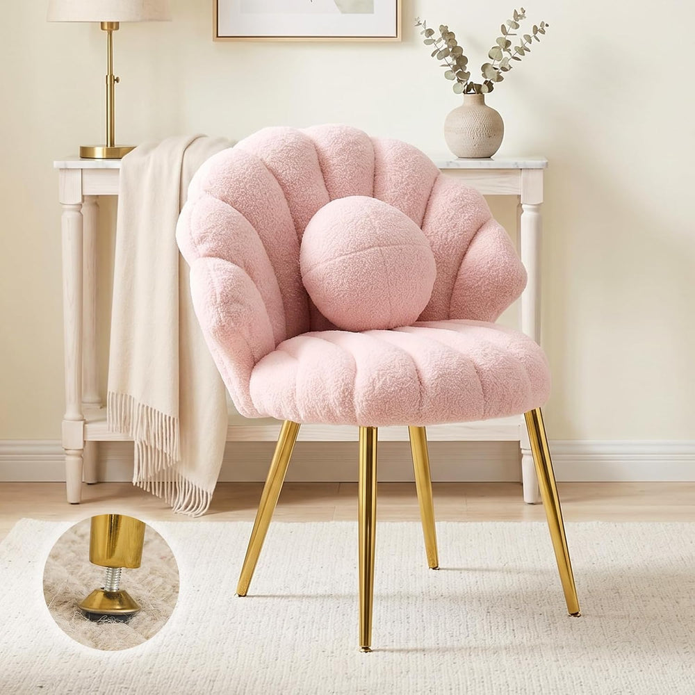 VINGLI Shell-Shaped Teddy Fleece Accent Vanity Chair with Back,Comfy Pink and...