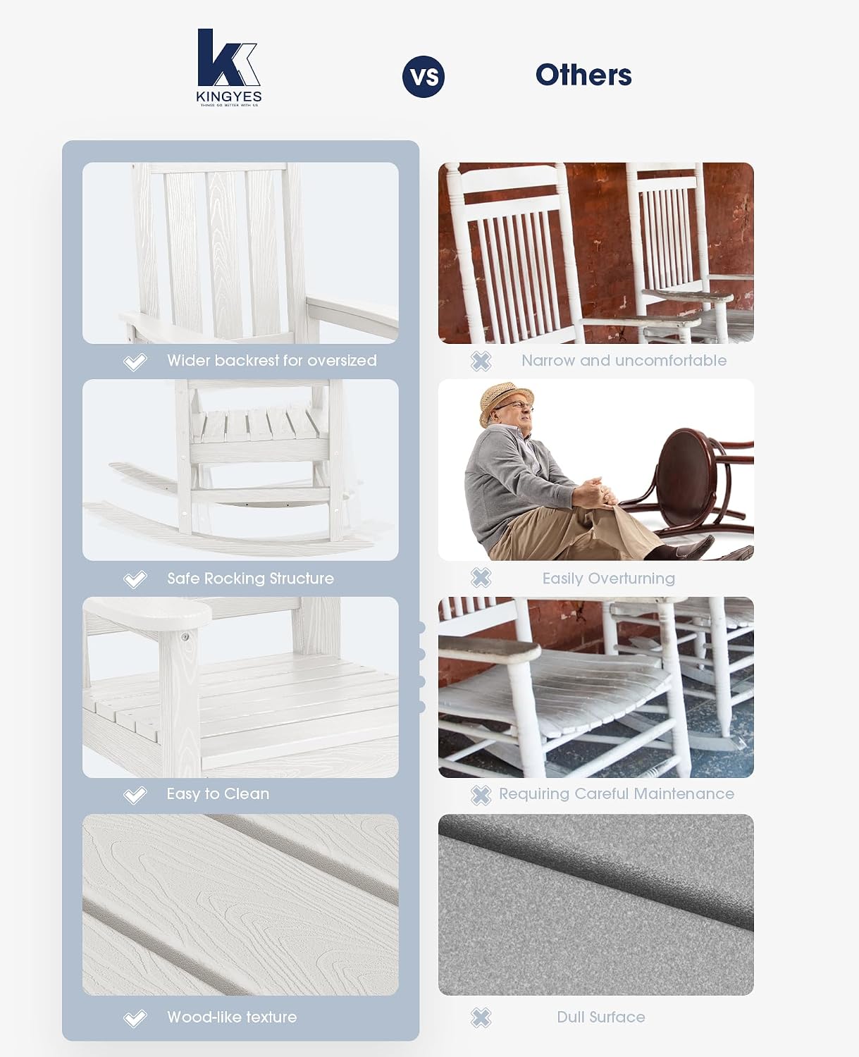 KINGYES Oversized Outdoor Rocking Chair Set of 2, All-Weather Patio Rocking Chairs for Porch, HDPE Outdoor Patio Recliner Rockers with High Back & Wide Seat for Garden, Lawn, White