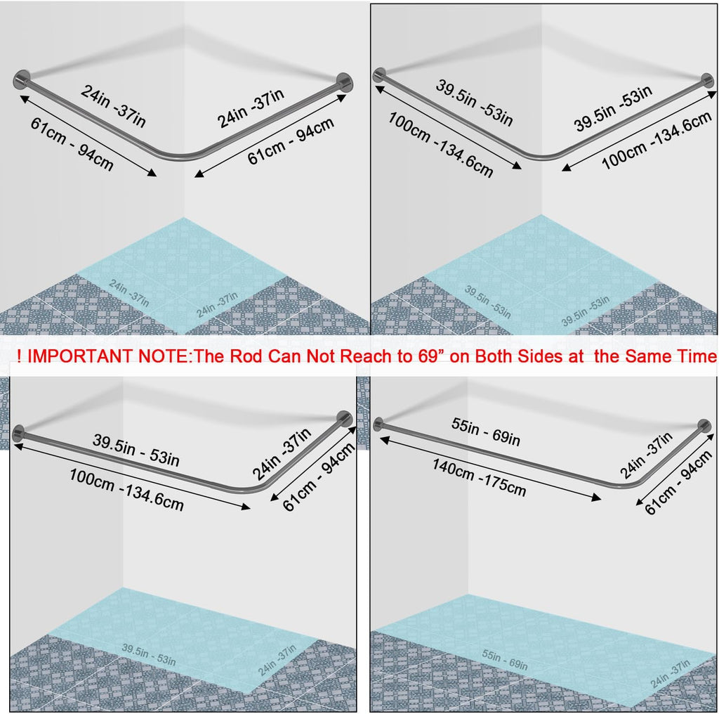 Stretchable 304 Stainless L Shaped Bathroom Bathtub Corner Shower Curtain Rod Rack, Drill Free Install, for Bathroom, Clothing Store, Private space(24"-53" x 24"-53", Maximum size 69'')