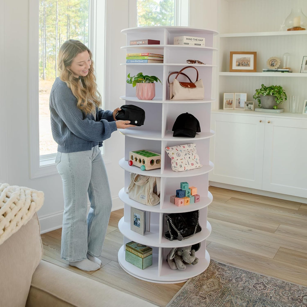 Rotating Shoe Rack Tower 360-32 Pair, 8 tiers, Reachable Spinning Shoe Rack Tower. Rotating Storage Tower, Bookshelf, handbag holder (8 Tier Standard Size) 5ft, 3in.