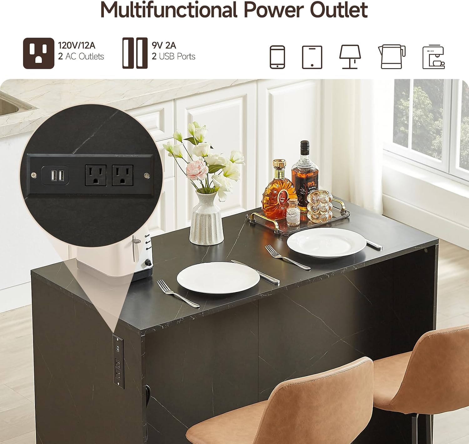 47" Kitchen Island with Power Outlet & Imitation Marble, Black | Dining Table with 2 Storage Cabinets & 4 Drawers, Adjustable Shelves, Home Bar for Kitchen, Dining Room, Living Room