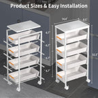 5 Tier Slim Rolling Utility Cart with Drawers Pull-Out Design Slim Storage Cart with Metal Frame and Wooden Top for Narrow Space in Home Kitchen Bathroom White (Width 9.5 Inches)