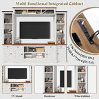 AMERLIFE 98" Farmhouse Wall Unit Entertainment Center with Bookshelves, Wine Cabinet, Fits 75" TVs, Rustic Media Console for Living Room, Large TV Stand with Power Outlets & Barn Door, Off-White
