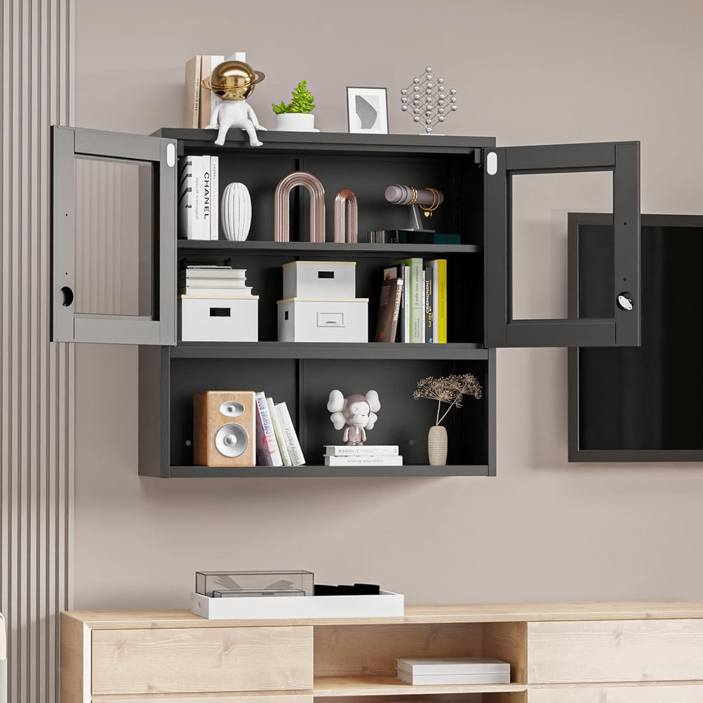 VINGLI Metal Wall Cabinet with Locking Glass Doors, Adjustable Shelf, Wall Mounted Storage Display Cabinets for Garage, Kitchen, Home Office, Warehouse, Living Room, Black