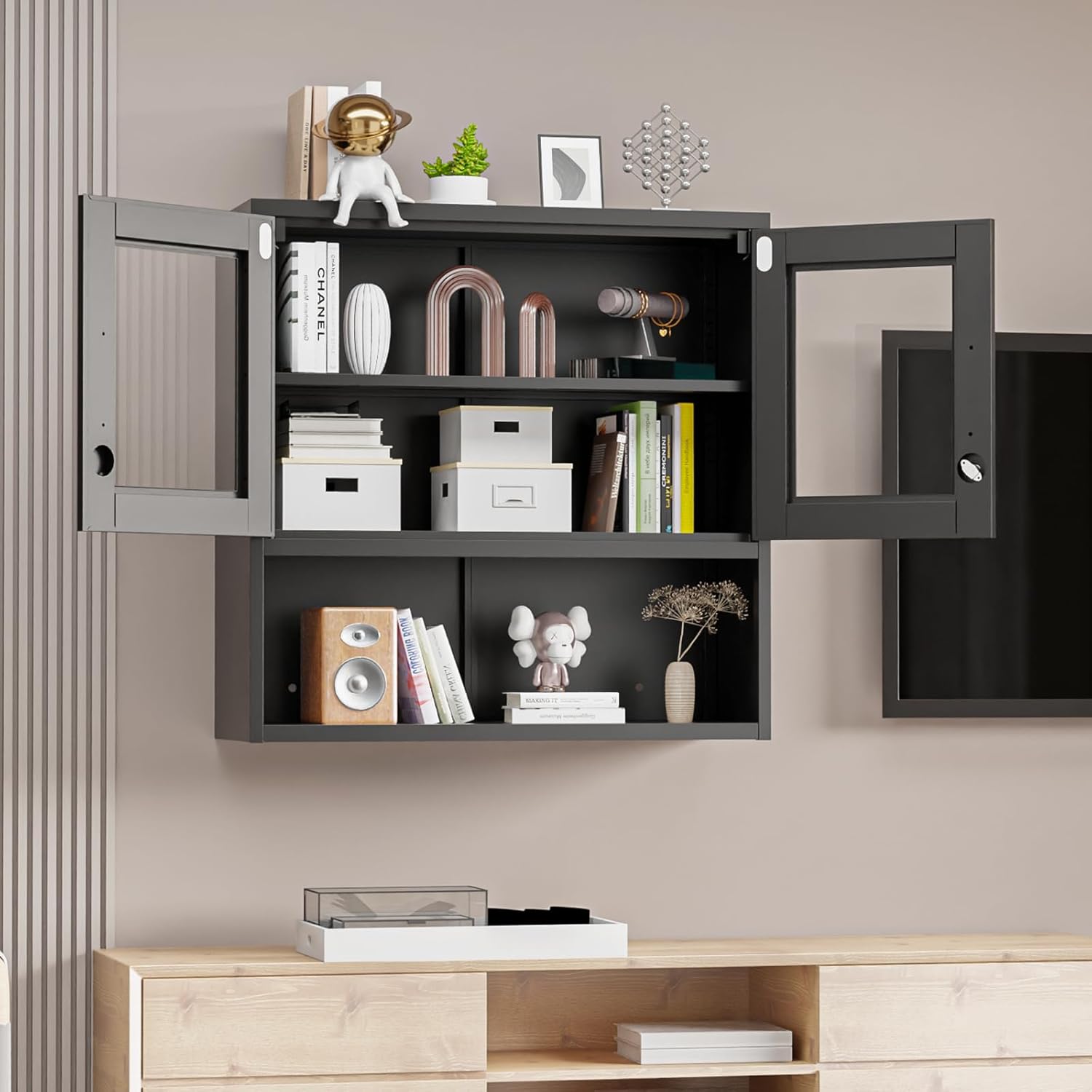VINGLI Metal Wall Cabinet with Locking Glass Doors, Adjustable Shelf, Wall Mounted Storage Display Cabinets for Garage, Kitchen, Home Office, Warehouse, Living Room, Black