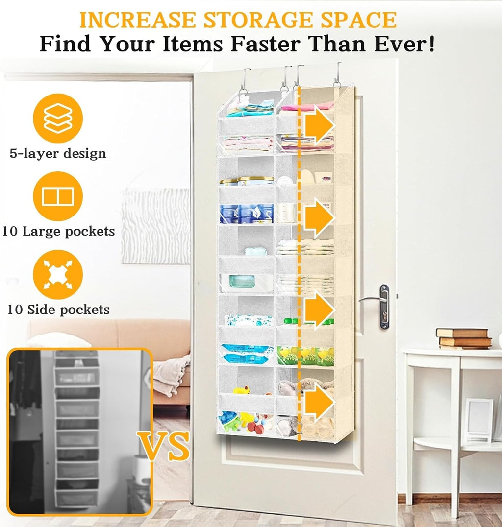 Over The Door Organizer 5 Tiers, Extra Large Behind Door Storage of 10 Compartments, 80 lbs Weight Capacity Hanging Storage Organizer with Clear Window Kids Toys, Shoes,Diapers, Room Storage, White
