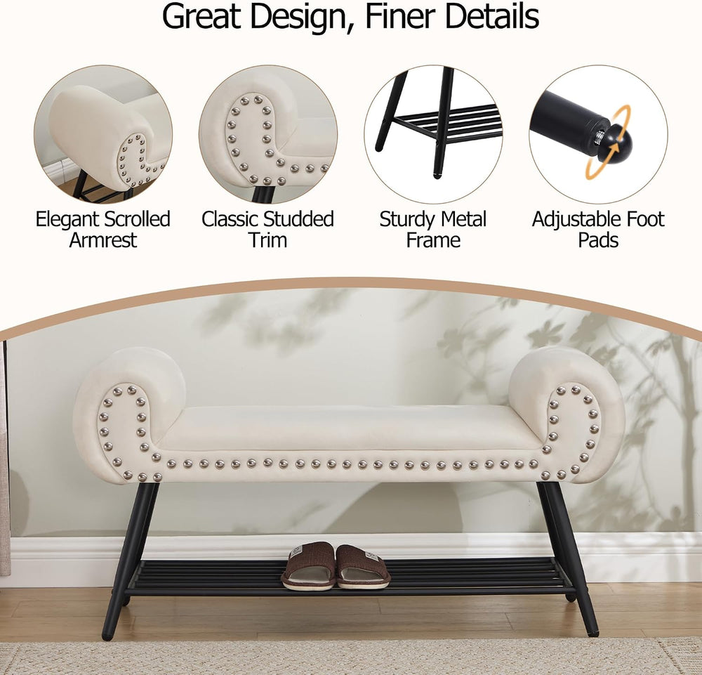 45" Upholstered Storage Shoe Bench, Velvet Fabric End of Bed Bench with ...