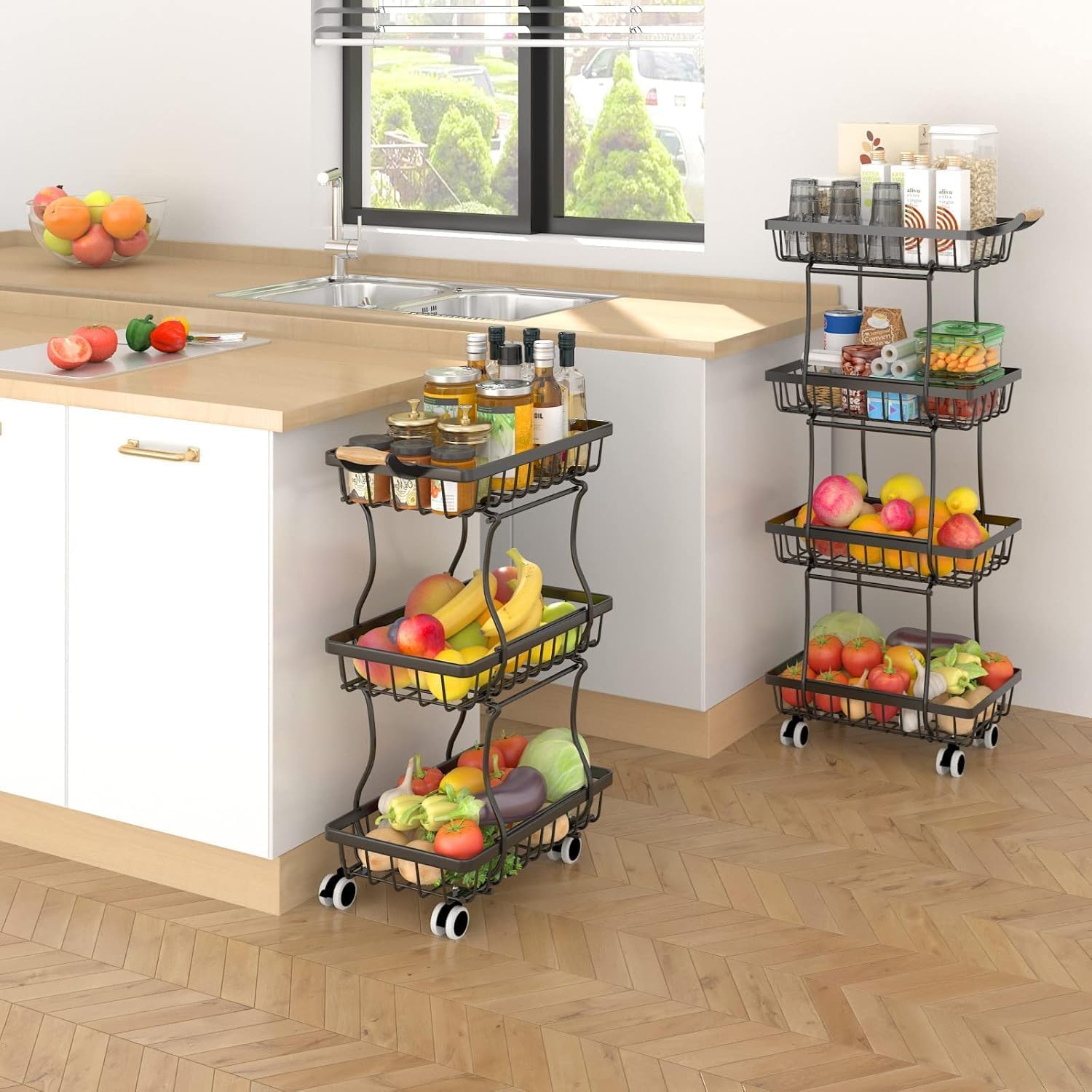 Stackable Fruit Vegetable Basket 4 Tier Kitchen Storage Rolling Cart | metal frame, 9.4“ width for small ppace, easy assembly, veggie rack for potato onion produce apple banana, move smoothly