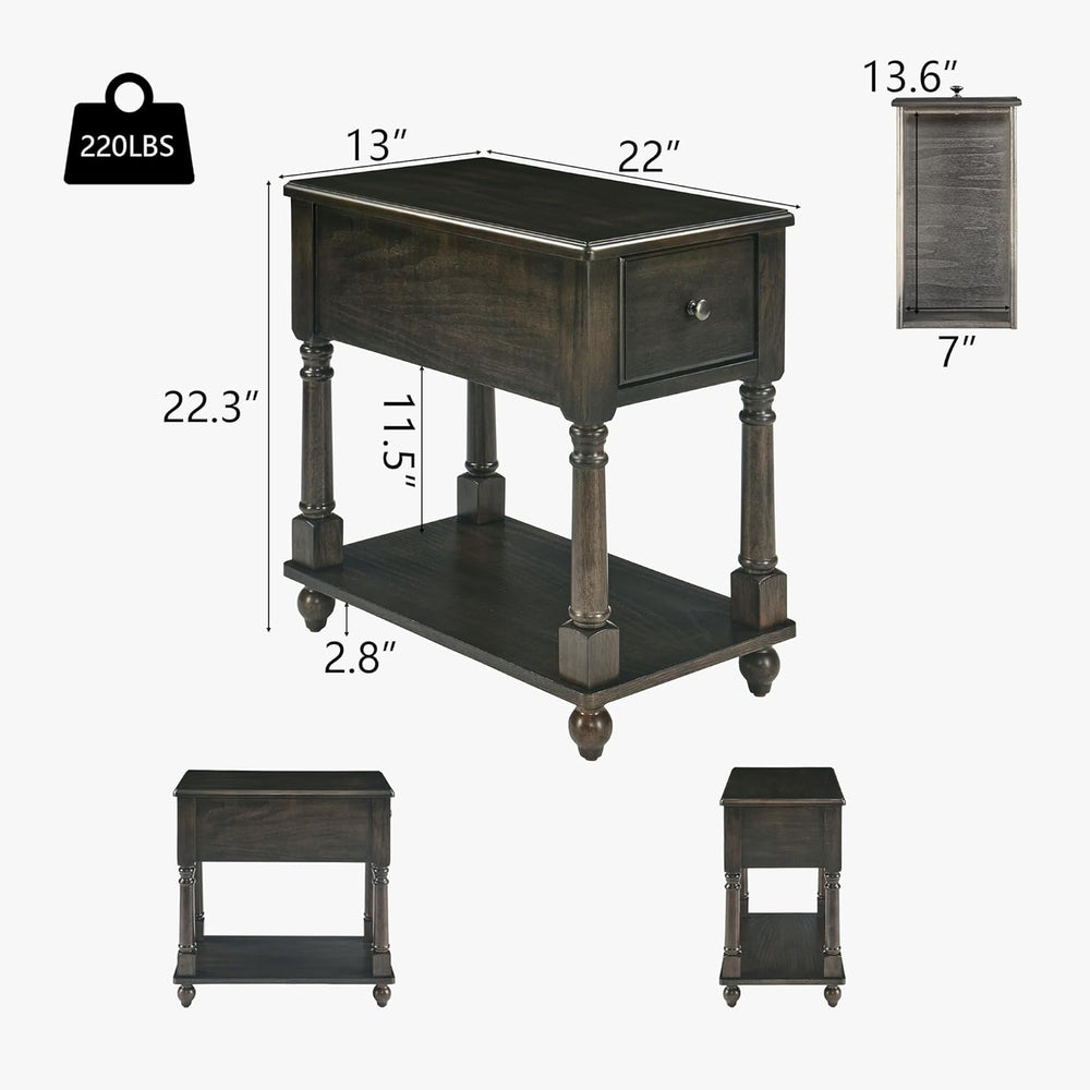 Narrow End Side Table with Drawer and Storage Shelf Set of 2, Solid Wood Sofa...