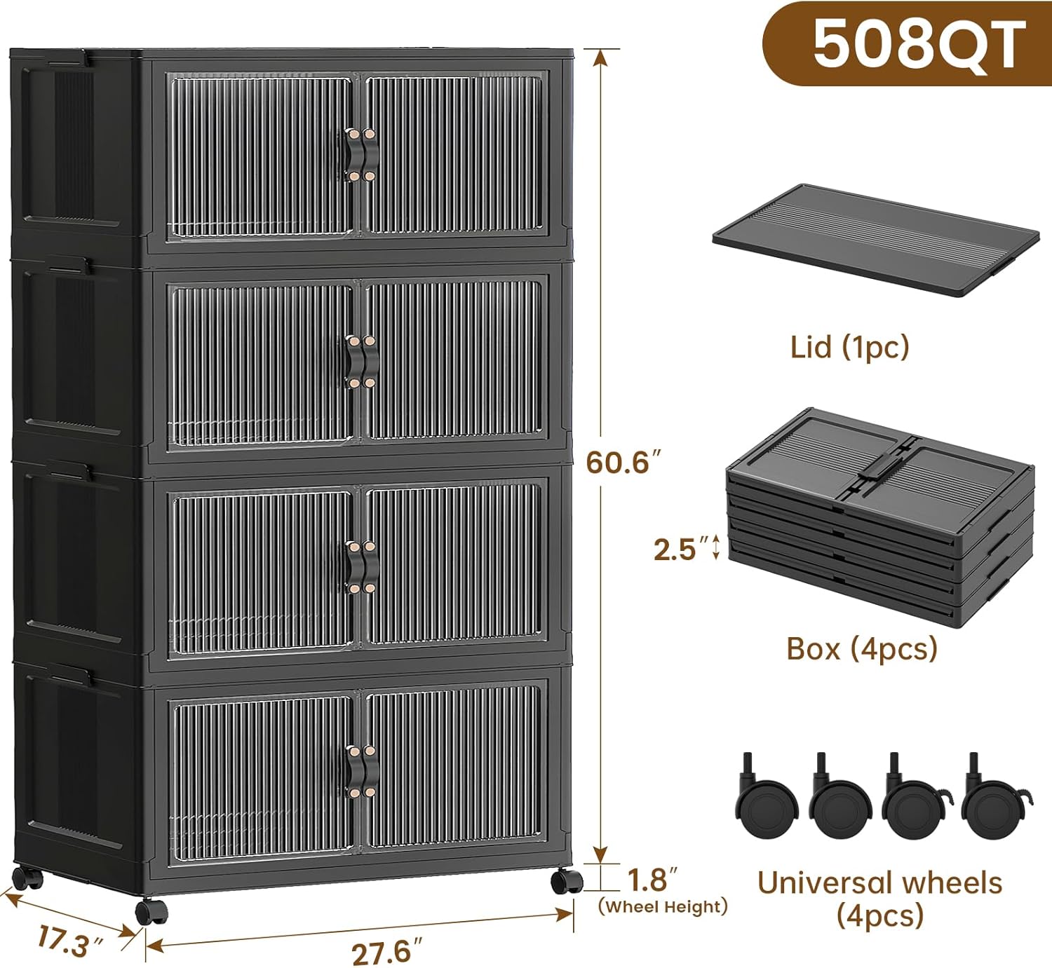 SAILUN 127Gal/508Qt Stackable Storage Bins Folding Collapsible Storage Bins with Lid, Closet Organizers and Storage Box with Door Black 28" W x 17" D x 61" H