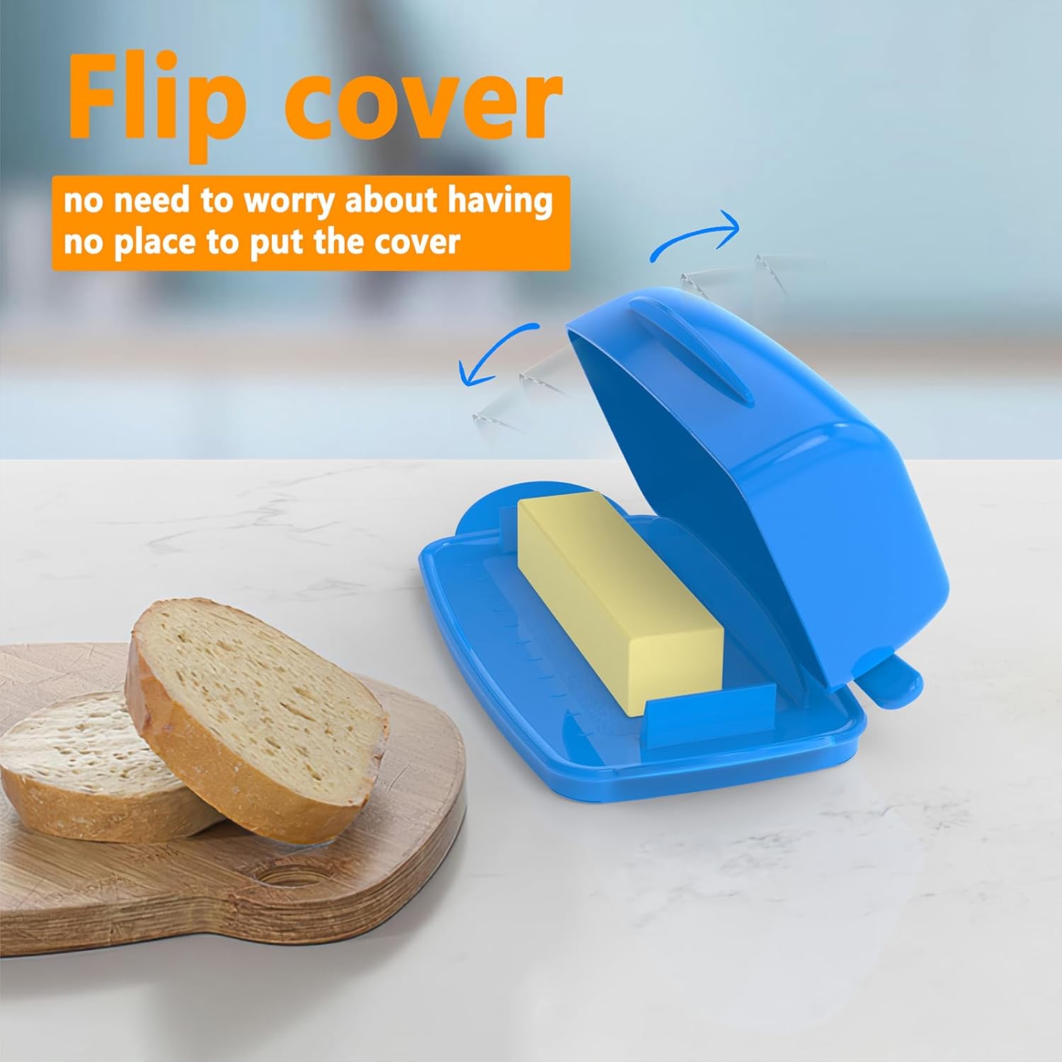 Butter Dishes with Lid for Countertop Refrigerator, Plastic Butter Dish Clear Flip Top Lid Butter Container with Spreader, Non-Slip Bottom Butter Holder Keeper (Blue)