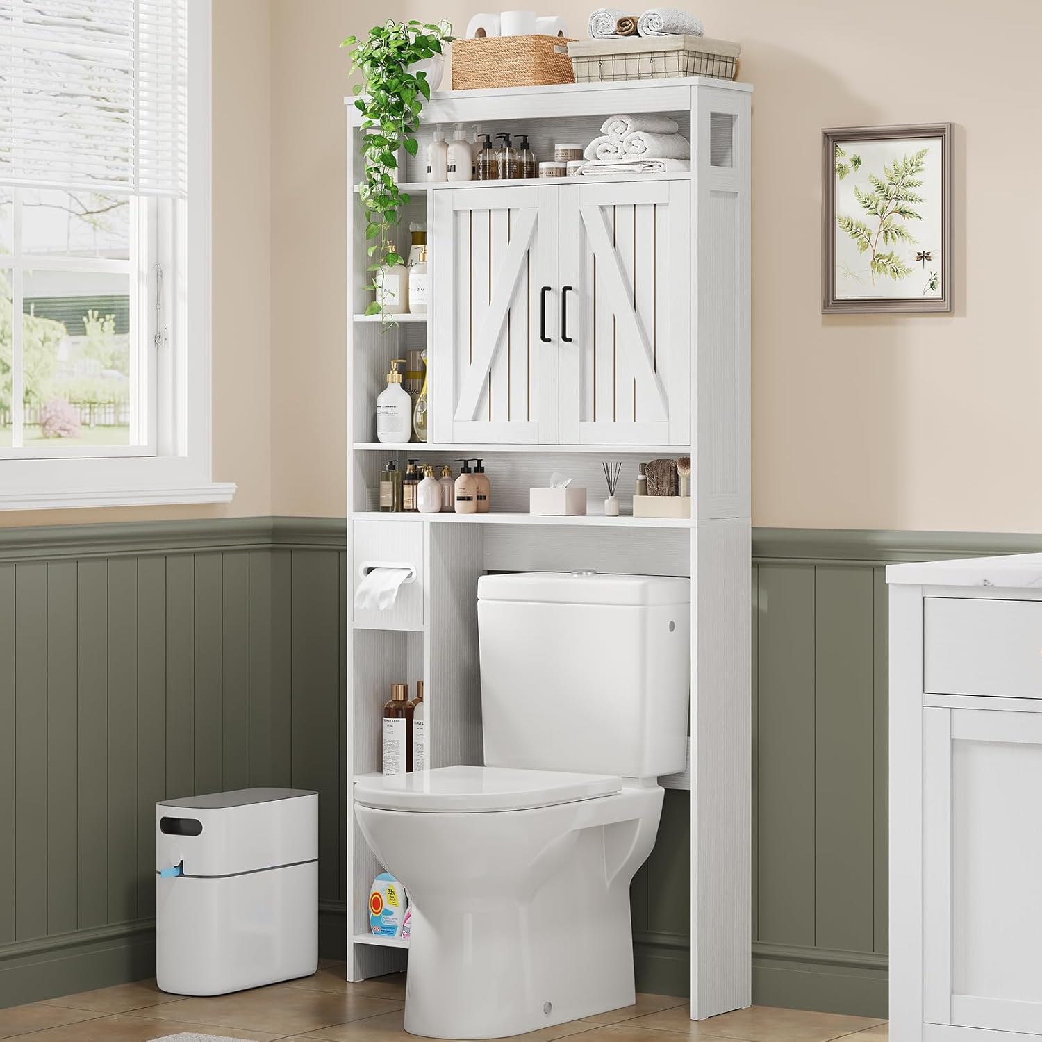 Over The Toilet Storage Cabinet with 2 Barn Doors & Built-in Toilet Paper Holder, Farmhouse Space-Saving Organizer for Bathrooms and Laundry Room, White