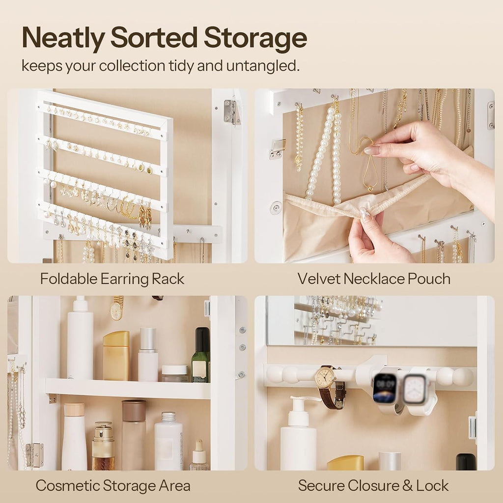 HOOBRO Jewelry Cabinet Wall/Door Mounted, LED Jewelry Organizer, Lockable | Jewelry Armoire, Hanging Jewelry Cabinet with Storage, Wide Full Length Mirror, 4.1 x 16.5 x 42.5 Inches, White