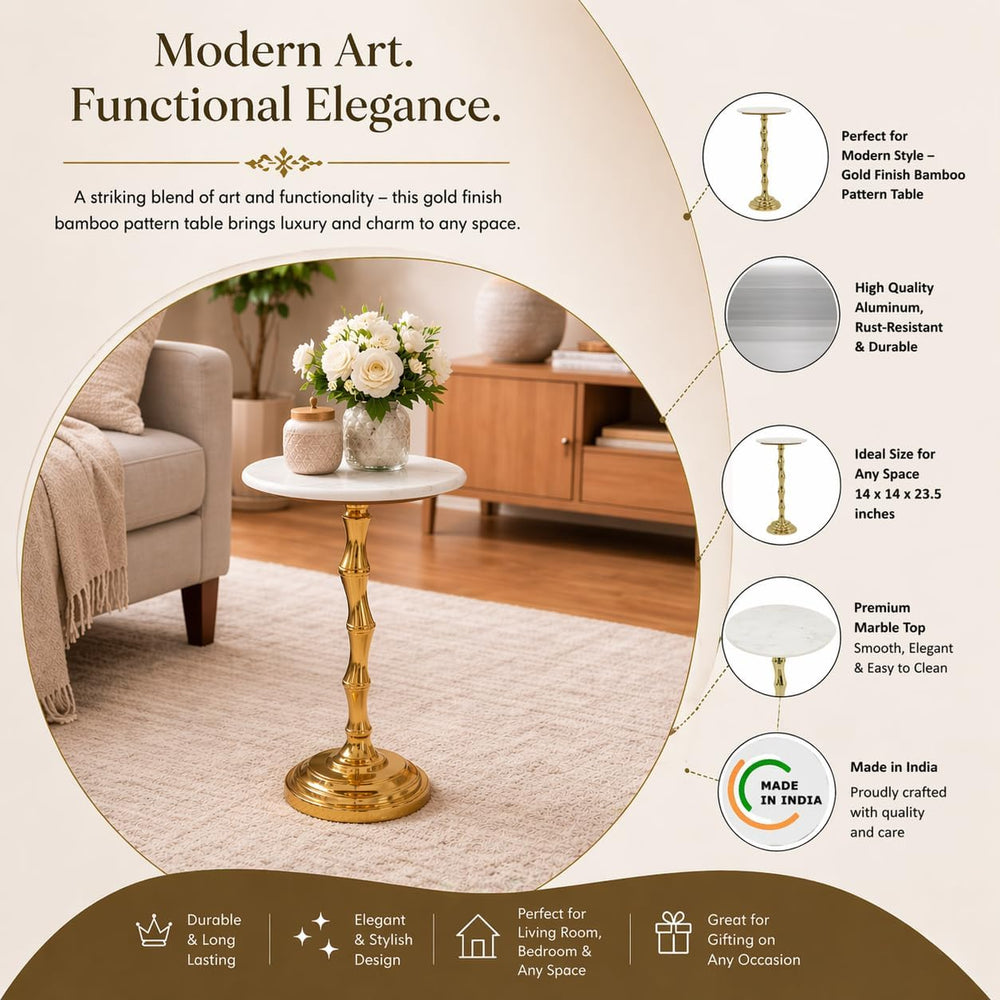 Gold Side Table with White Marble Top | Decorative Modern End Table | Bamboo ...