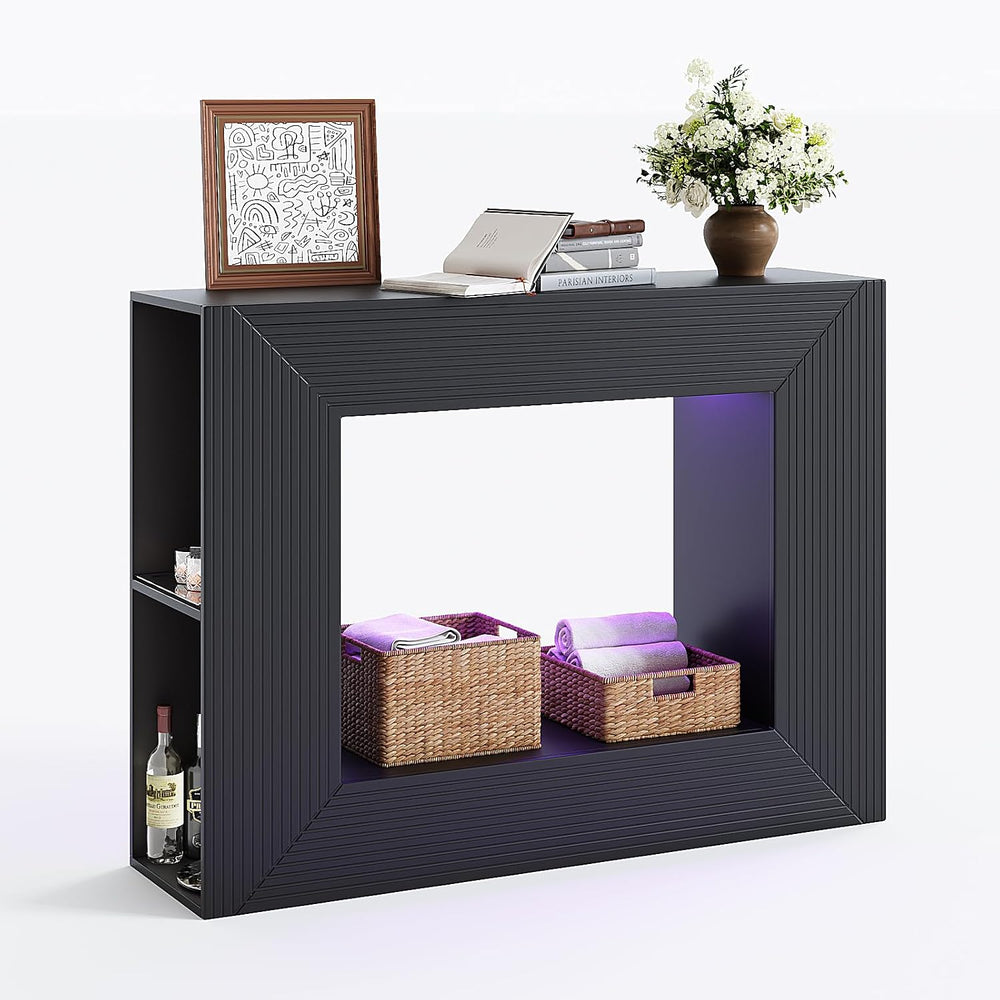 VINGLI 43" Fluted Entryway Table with Storage Shelves and Lights, Black ...