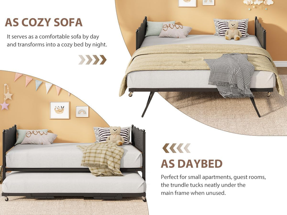 IDEALHOUSE Twin Daybed with Trundle, Day Bed with Industrial Wood Grain Headb...
