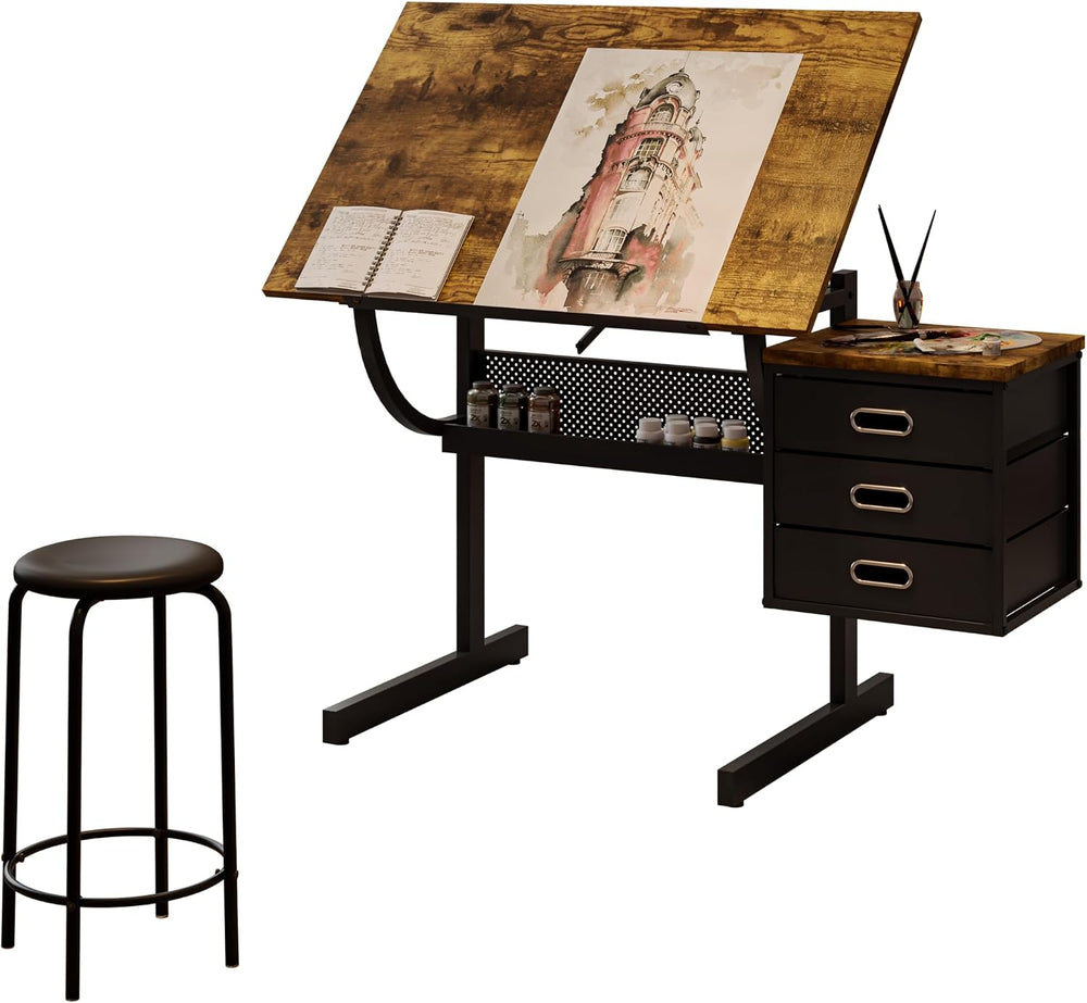 Montary Adjustable-Height Drafting Table with Stool Set - Professional Tiltin...
