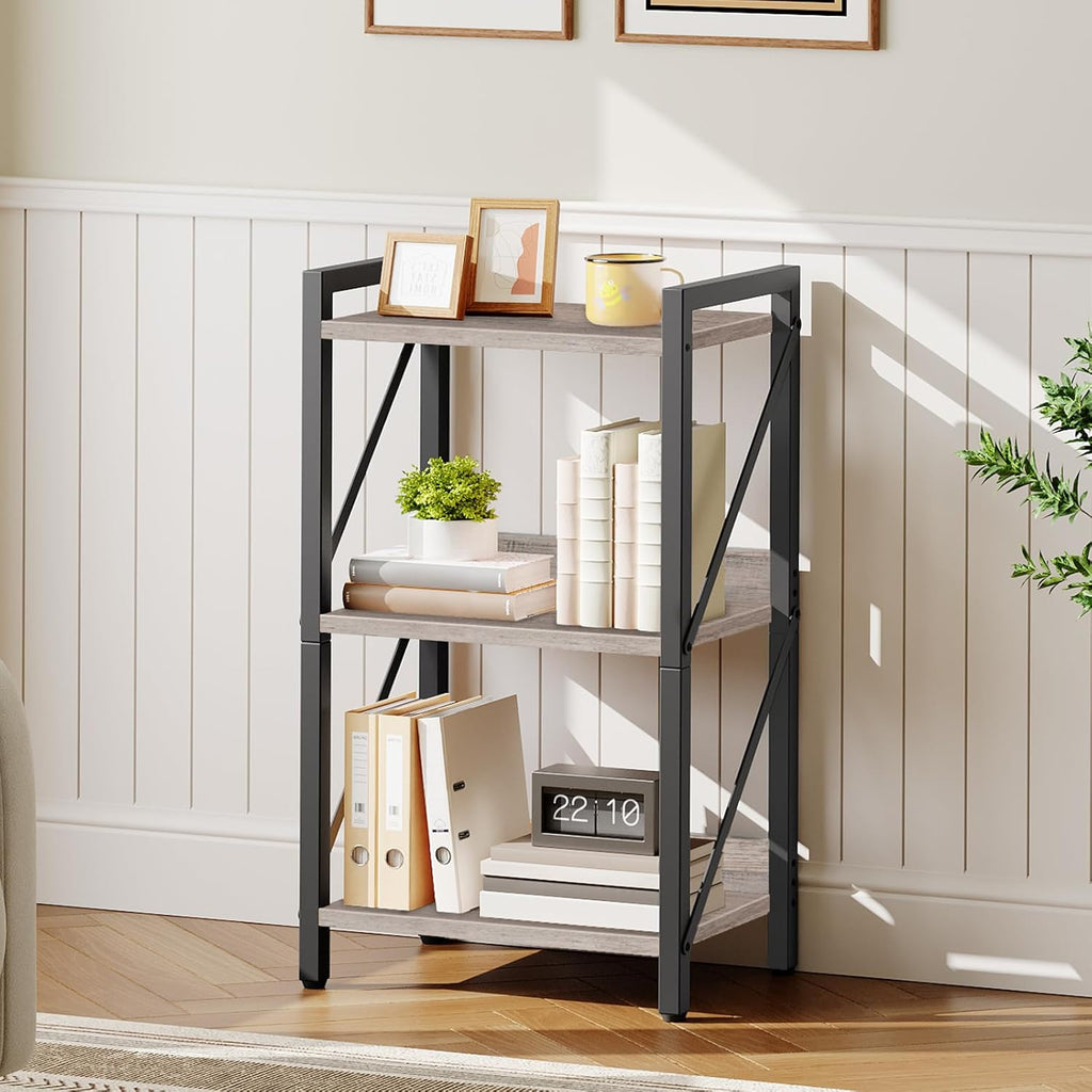 HOOBRO Bookshelf, 3-Tier Industrial Bookcase, Book Shelf Storage Organizer, Small Bookshelf with Metal Frame for Living Room, Bedroom, Home Office, Kitchen, Greige and Black BG71SJ01