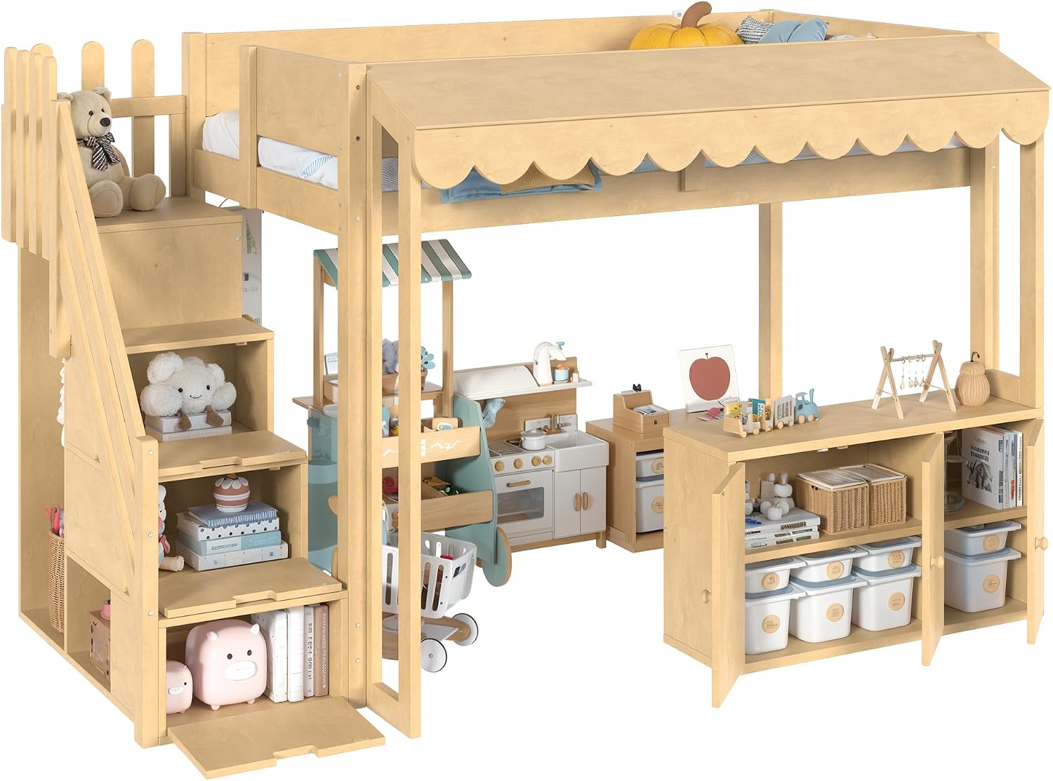 Twin Size Wood Loft Bed with Storage Stairs and Pretend Store Counter (Twin)