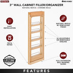 Rev-A-Shelf 3"W x 33"H Pull Out Quad Shelf Organizer for Wall & Base Kitchen Cabinets, Full Extension Filler Spice Rack, Adjustable, Wood, 432-WF33-3C