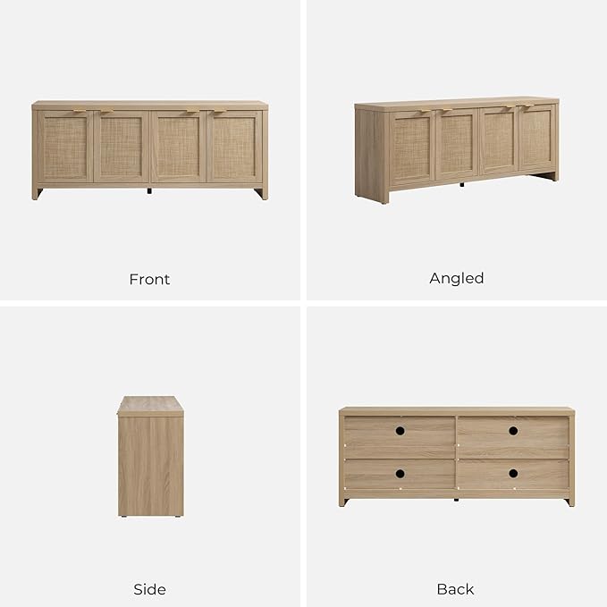 SICOTAS TV Stand for Living Room Boho Entertainment Center for Bedroom with 4 Rattan Cabinets Farmhouse Television Stands with Storage Large Media Console Table for TVs up to 65 Inch
