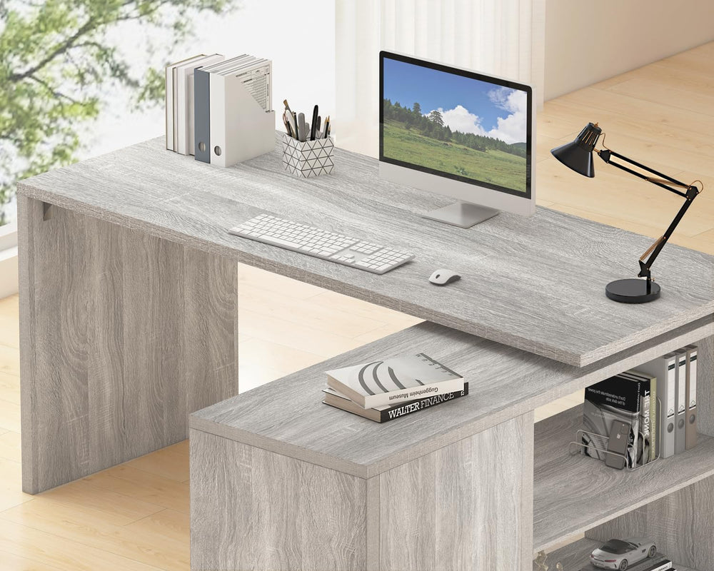 HSH L Shaped Corner Desk, Reversible Computer Desk, Light Grey, 55 Inch