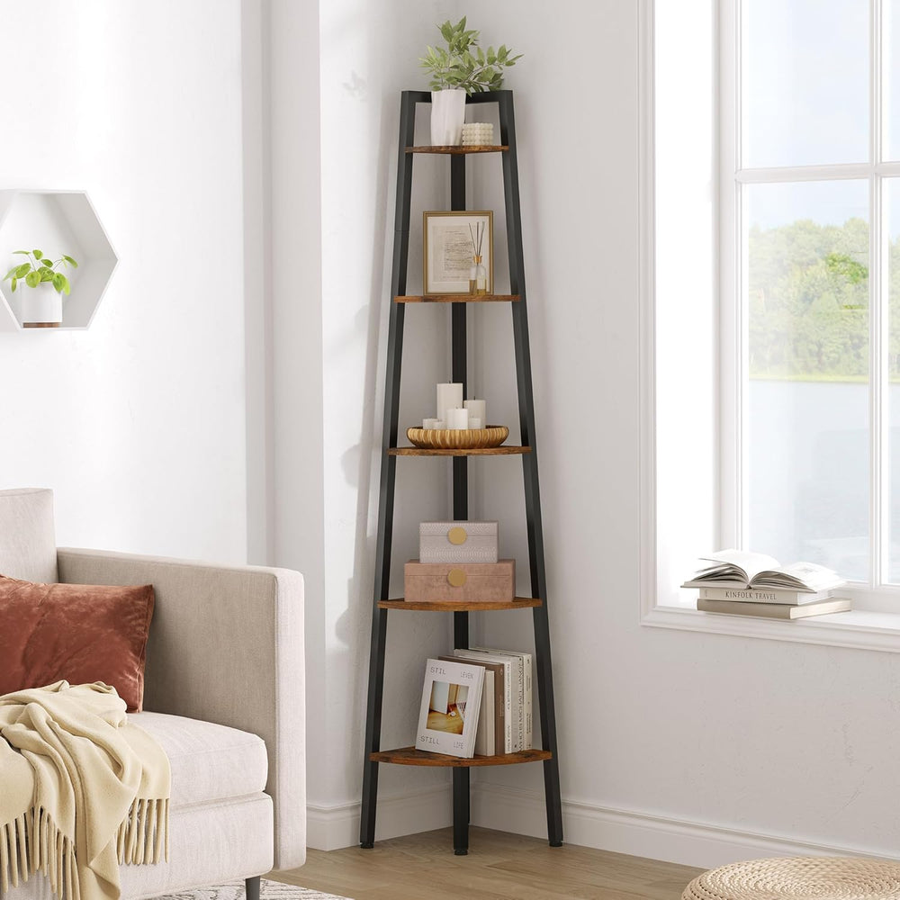 Hoctieon Corner Shelf, 5-Tier Corner Bookshelf, Rustic Ladder Shelf, Industri...
