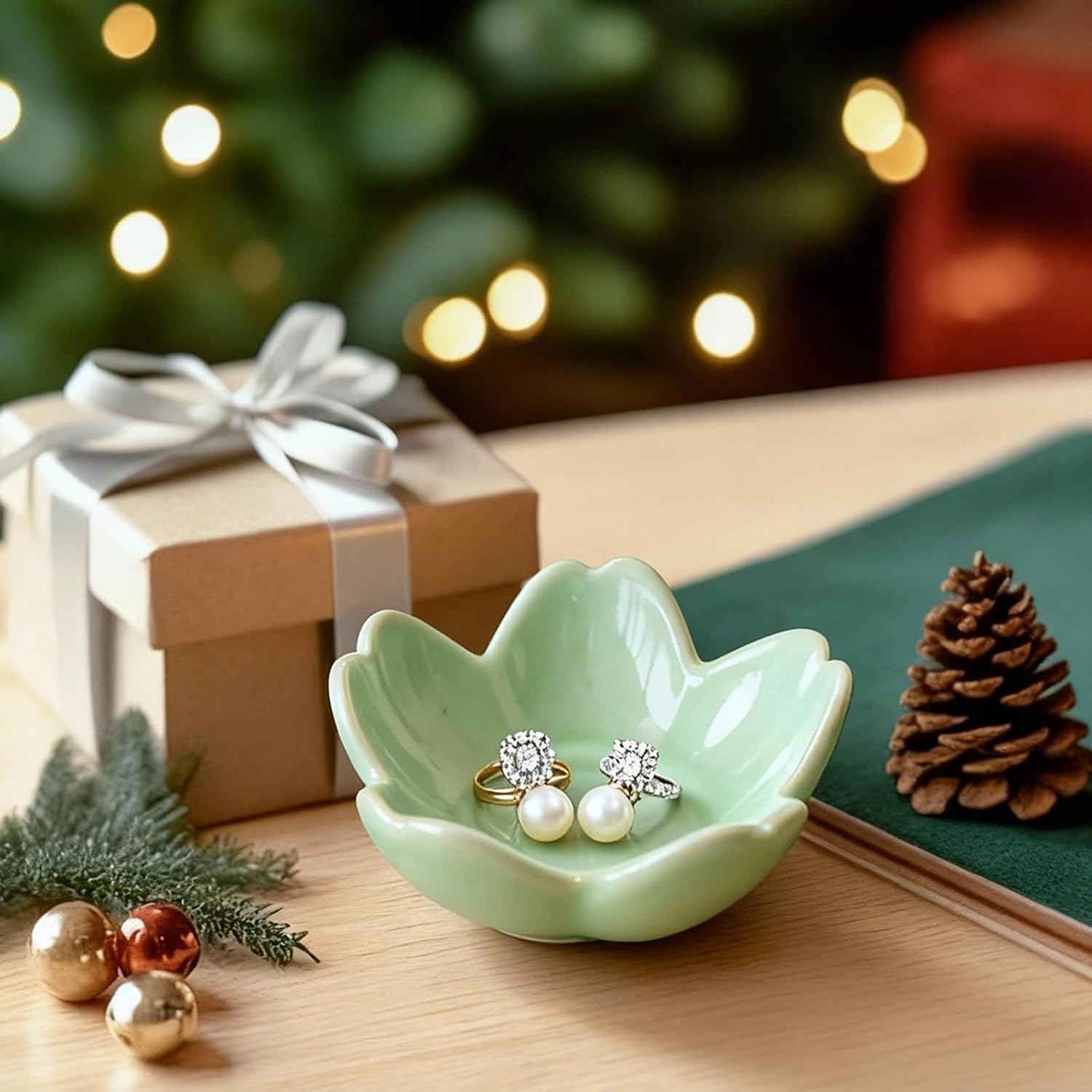 Sage Green Flower Ring Dish Ceramic Jewelry Tray Small Trinket Dish | Ring Bowl Jewelry Holder Organizer for Vanity/Bathroom/Nightstand, Birthday/Xmas/Engagement Gift for Women/Best Friends/Bride