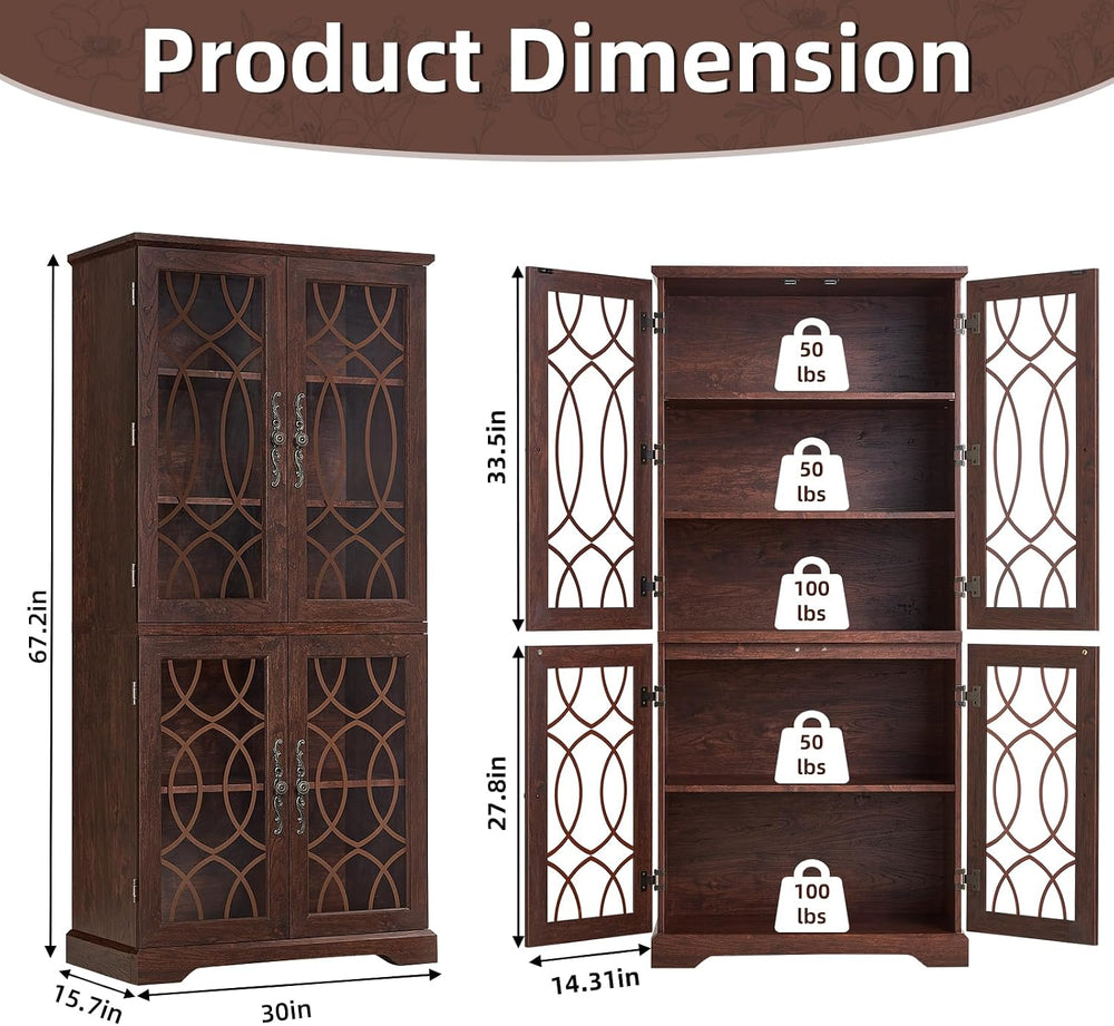 Joaxswe 67" Tall Pantry Cabinet, Wood Kitchen Pantries Cabinets with Gla...