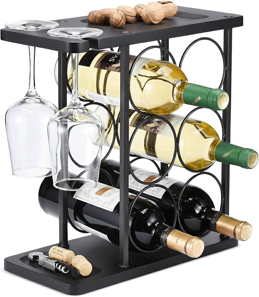 ALLCENER Modern Wine Rack Countertop, Matte Black 6 Bottle Wine Rack with Gla...