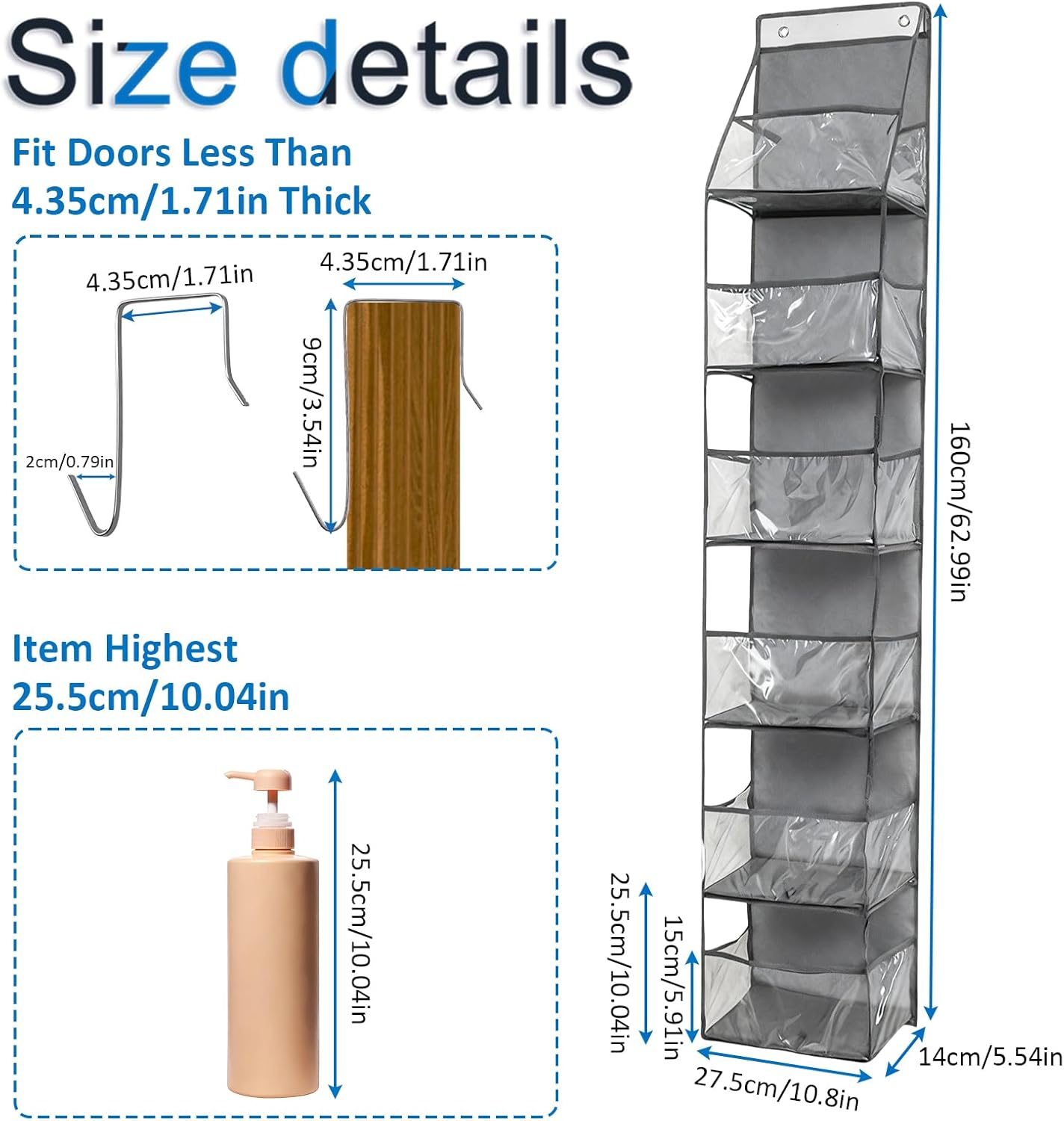 1Pack Over The Door Organizer, Hanging Door Storage Organizer with 6 Large Clear Pockets, Space Saving Behind Door Rack for Bedroom Closet Bathroom Pantry Nursery Office (Grey)