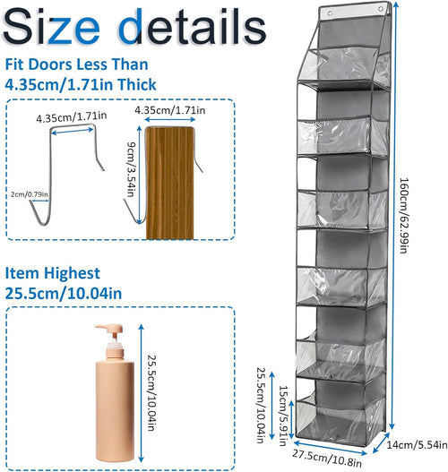 1Pack Over The Door Organizer, Hanging Door Storage Organizer with 6 Large Clear Pockets, Space Saving Behind Door Rack for Bedroom Closet Bathroom Pantry Nursery Office (Grey)