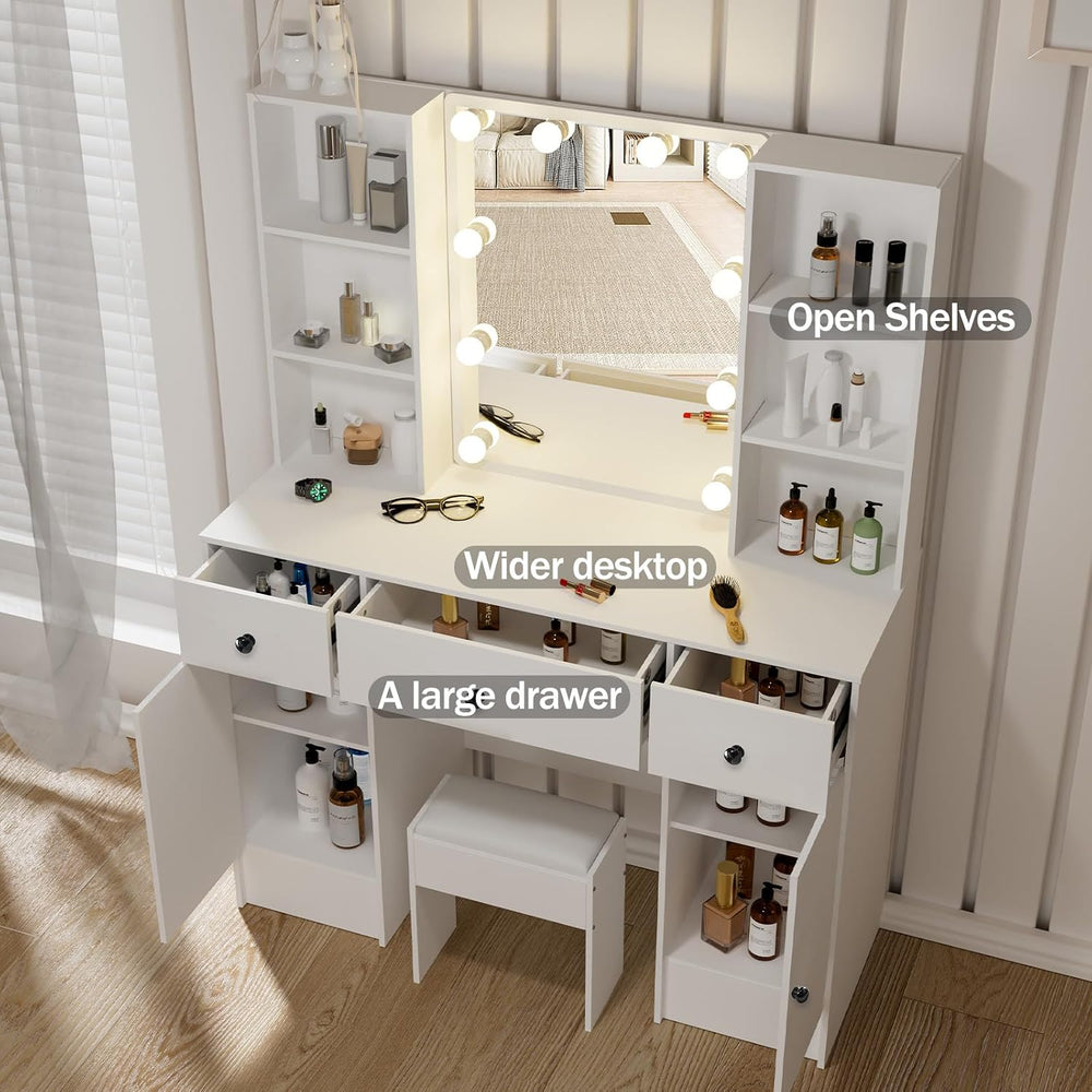 White Dressing Table with Mirror and Lights, Makeup Vanity Desk with 3 Drawer...