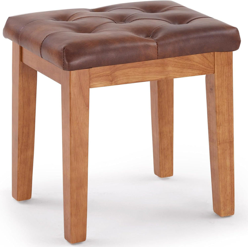 Ottoman Vanity Wooden Stool with Padded Seat, Faux Leather Brown | Square Woo...