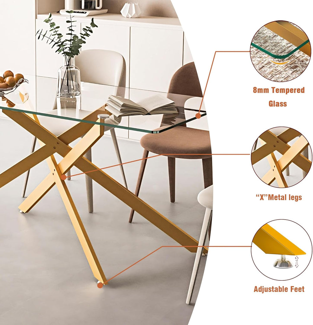61" Glass Dining Table for 6, Modern Kitchen Dining Room Table with Rect...