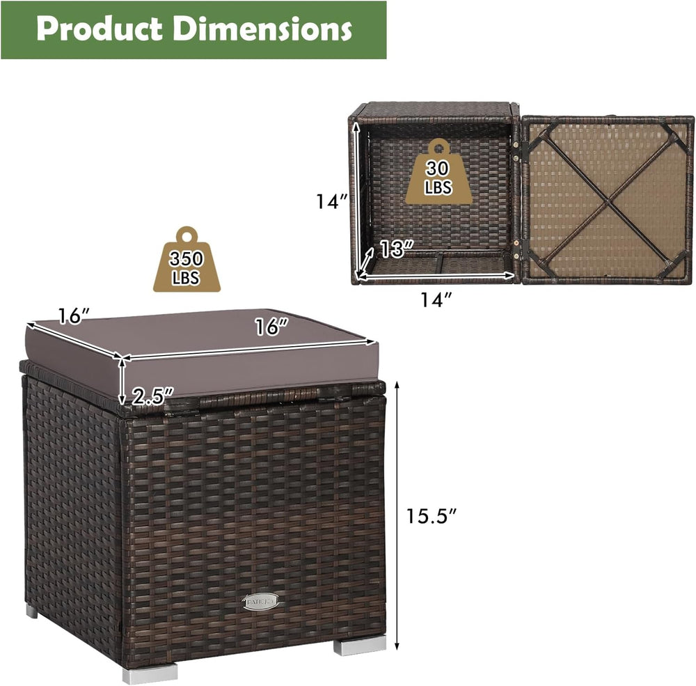 HAPPYGRILL 2PCS Patio Ottoman Set Outdoor Wicker Stool with Storage, Rattan F...