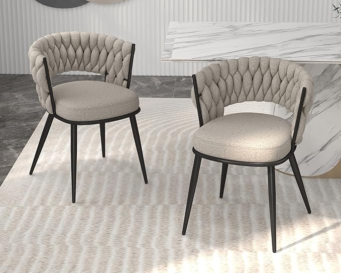 KCC Fabric Dining Chairs Set of 2, Modern Dining Chair with Metal Legs, Woven Upholstered Dining Chairs for Dining Room, Kitchen, Vanity, Living Room (Beige)