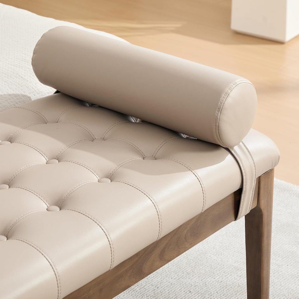 66" Upholstered End of Bed Bench with Headrest, Button Tufted (Taupe) | Nano Leather, Dark Walnut Legs, Bedroom & Entryway, Footstool Design, Window Bench Style