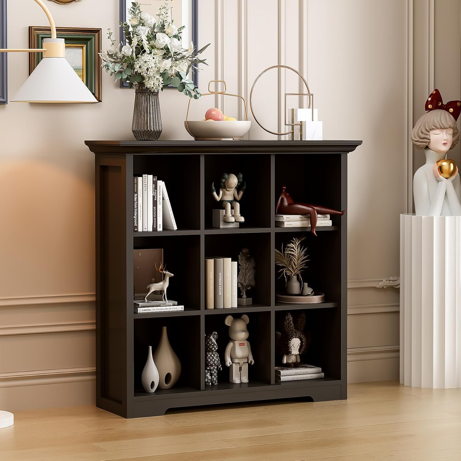 Cube Storage Bookcase with Base - Wooden 3 Tiers Floor Standing Open Shelf Cabinet for Home and Office, 9-Cube Lattice Bookshelf, Black
