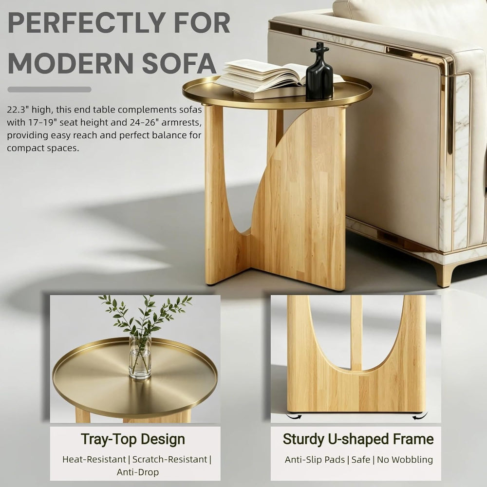 Gold End Tables Set of 3, Round Side Tables, Sofa Table with Wood Legs and Ra...