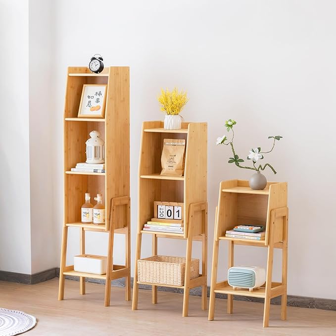 Welnow Bamboo Bookcase with Cabinet, Natural End Table with 1-Tier Storage Sh...