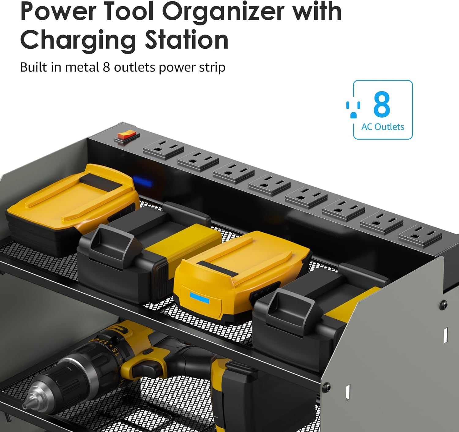 CCCEI Modular Power Tool Organizer Wall Mount Charging Station, Grey 6 Drills Holder with 8 Plug Power Strip 6FT, Garage Drill Battery Heavy Duty Metal Shelf, Utility Rack with Hooks, Side Storage.